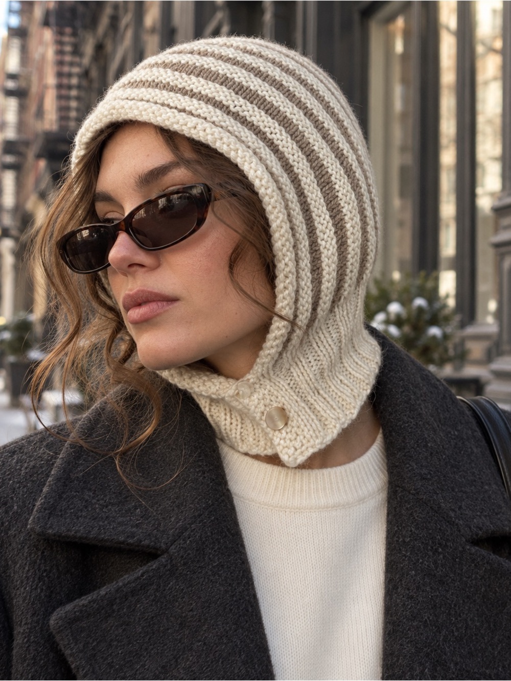 Taupe & Ivory Striped Knit Hood | Button-Neck Balaclava Hat